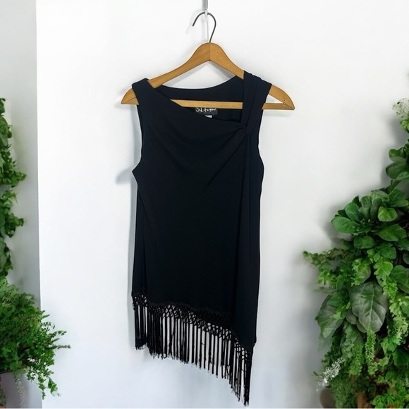 S.L. Fashions Black Sleeveless Asymmetrical Fringe Hem Event Party Dress Size 10 - Picture 1 of 11